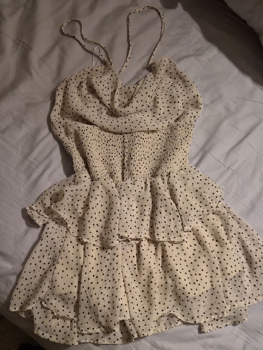 Cream Polka Dot Tiered Mini Dress